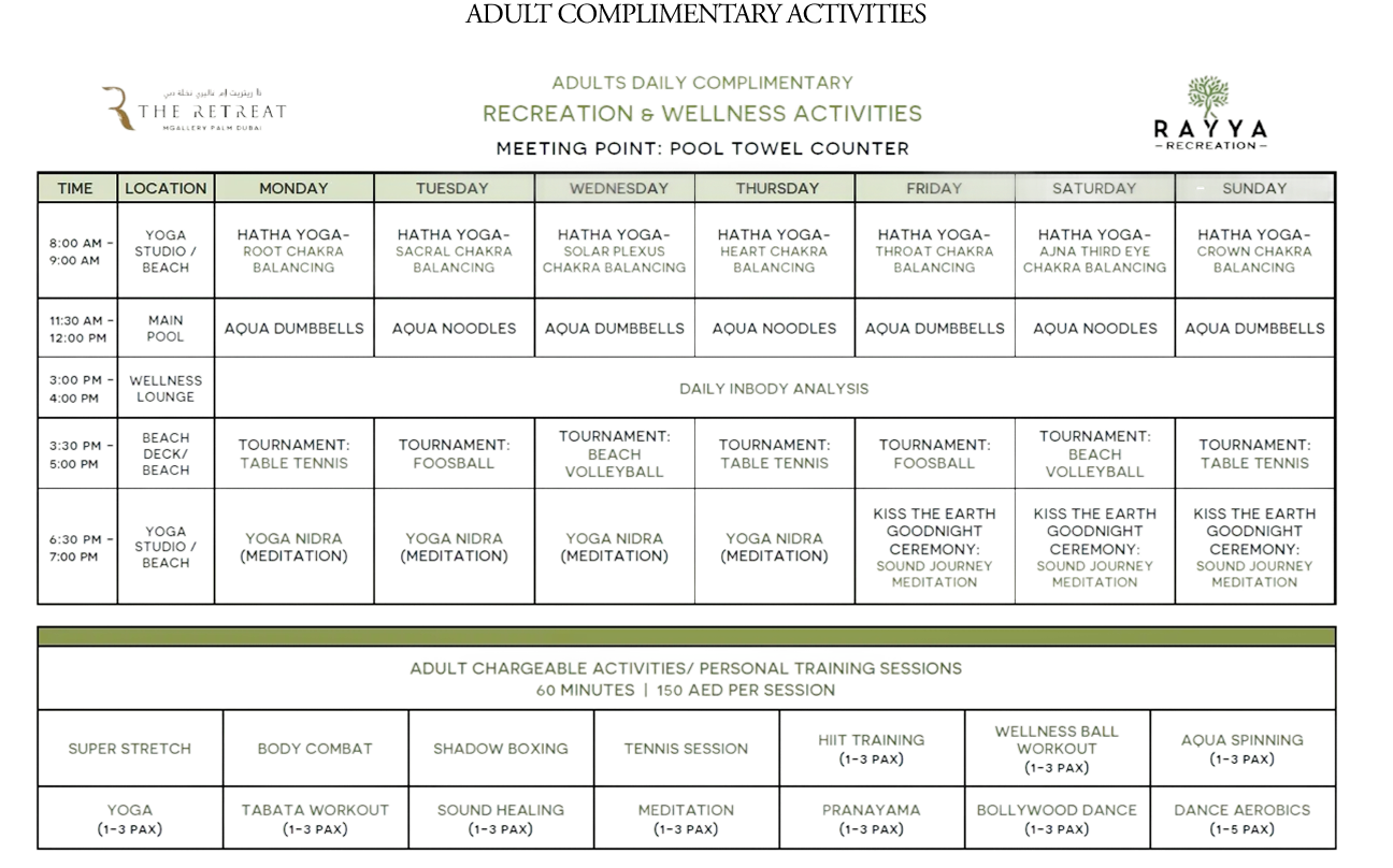 Adults Activities Schedule