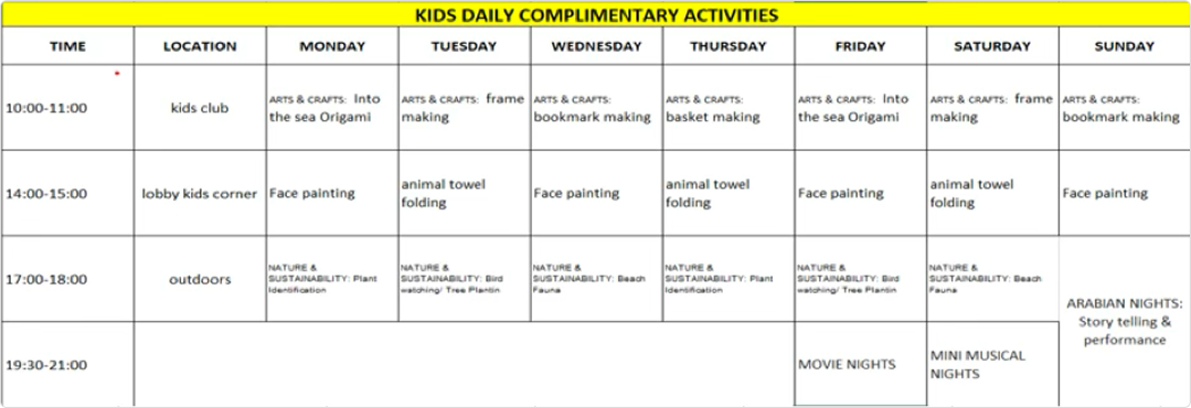 Kids Activities Schedule